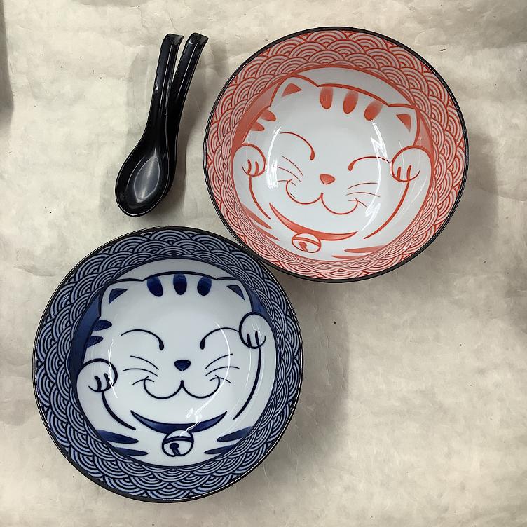 Geschirr Ramen Set Seigaiha Cat rot /blau